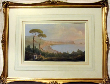 Bay of Naples with Vesuvius, gouache on paper, unsigned. c1900. Framed. 
