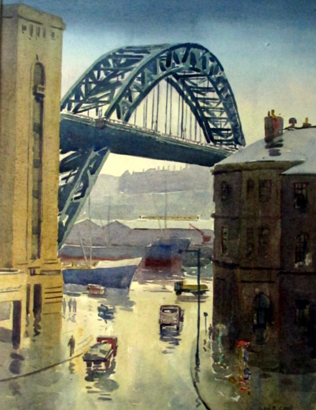 The Tyne Bridge, Quayside, Newcastle, watercolour, signed Alan R. Cook, c1965.