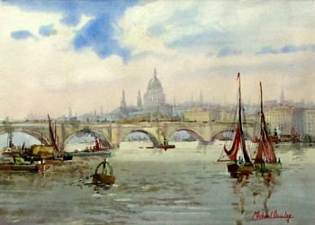 London Bridge, River Thames and St Pauls, watercolour, signed Michael Crawley. c1967.   SOLD  25.01.2016.