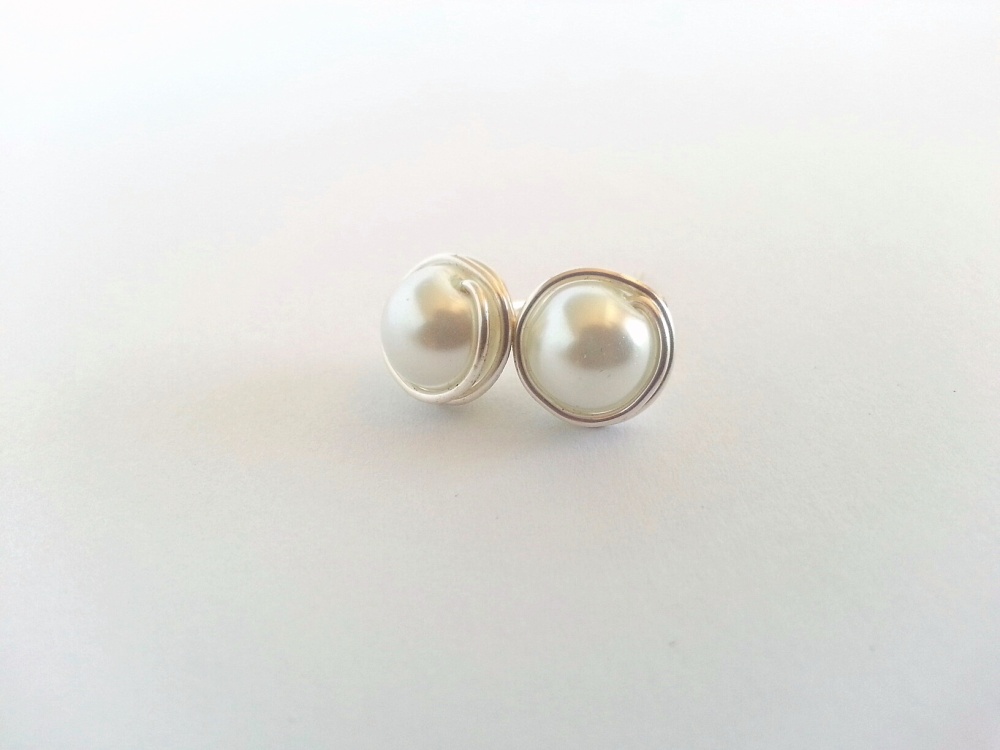 White Pearl Wire Wrapped Bridal Earrings