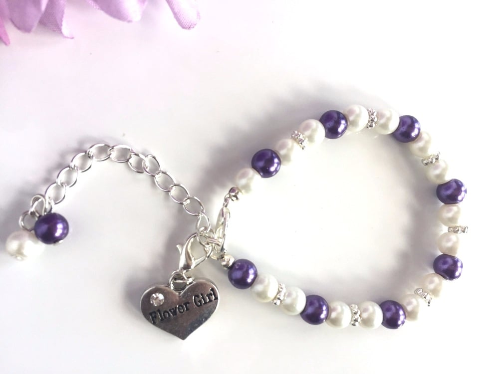 Ivory and Purple Flower Girl Bracelet 