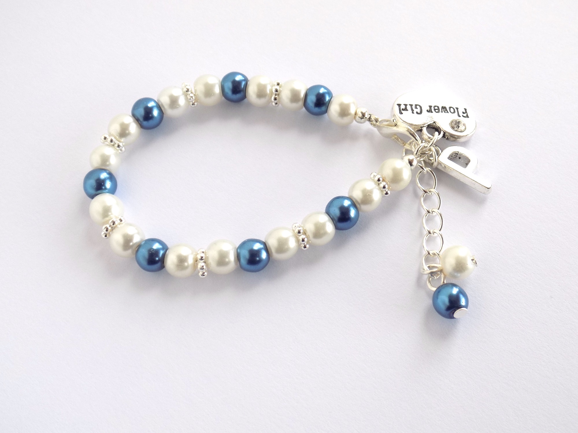 ivory and blue personalised  flower girl bracelet