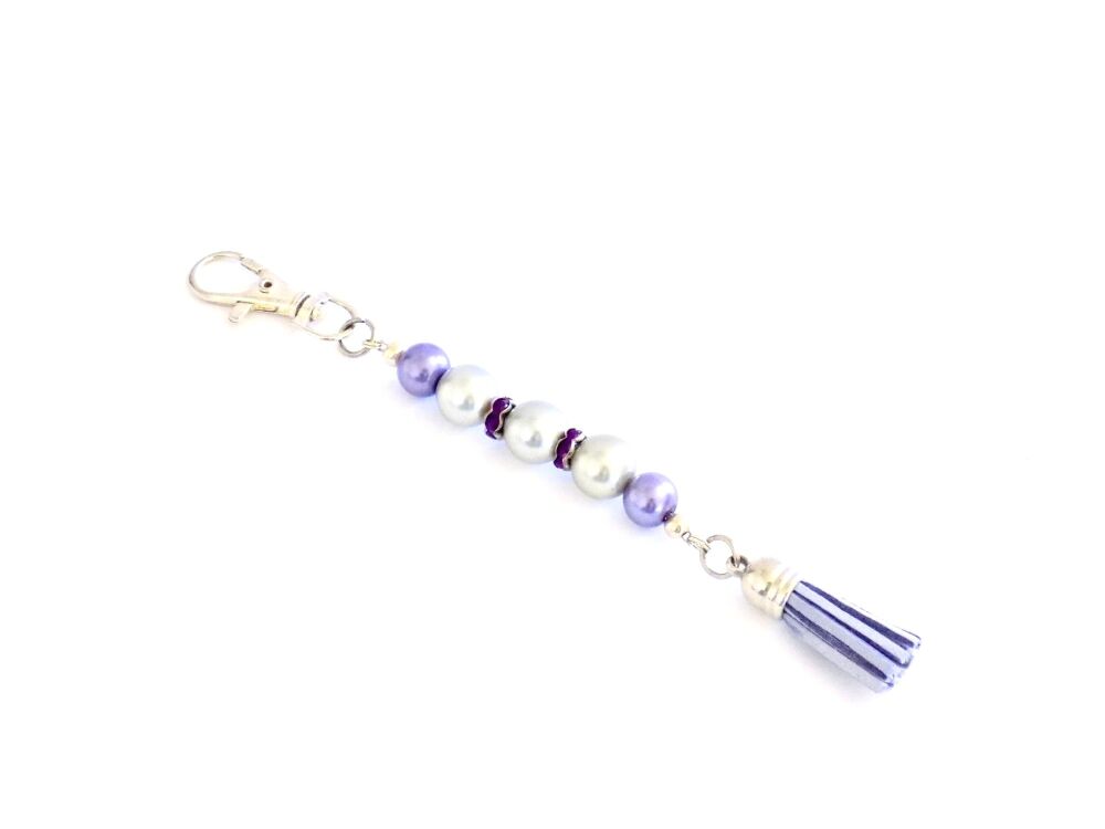 Lilac Pearl Beaded Bag Charm with Tassel | Handmade Purse Charm Accessory | Cute Handbag Charm Gift
