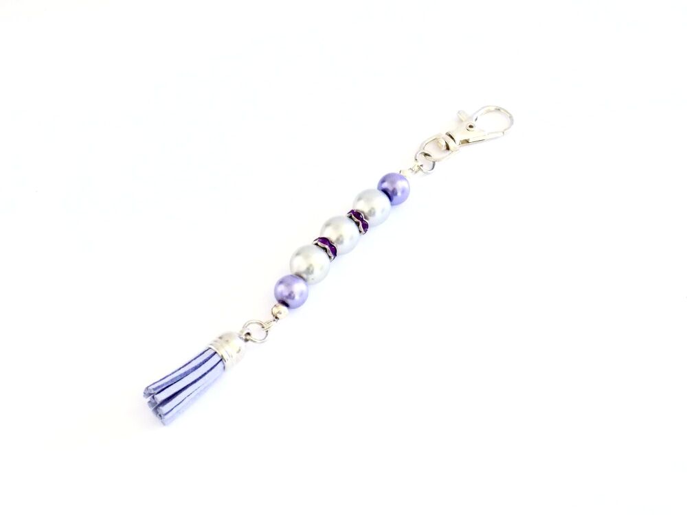Lilac Pearl Beaded Bag Charm with Tassel Handmade Purse Charm Accessory | Cute Handbag Charm Gift
