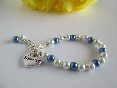 blue and white flower girl bracelet