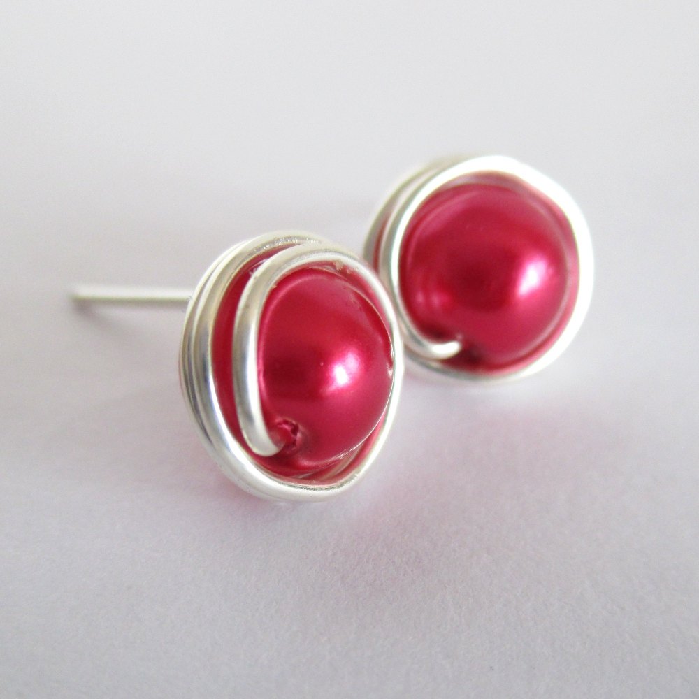 Hot Pink Wire Wrapped Pearl Earrings