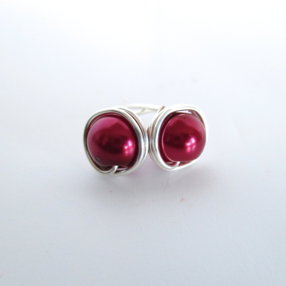 Burgundy Red Wire Wrapped Stud Earrings