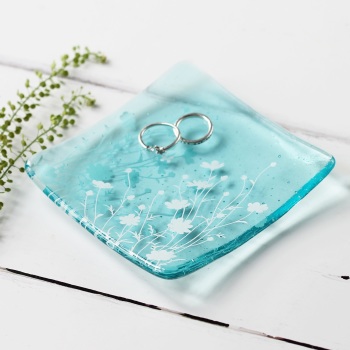 Fused glass meadow print jewellery dish / small bowl