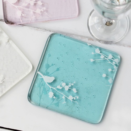 Bird in Blossom design glass coasters