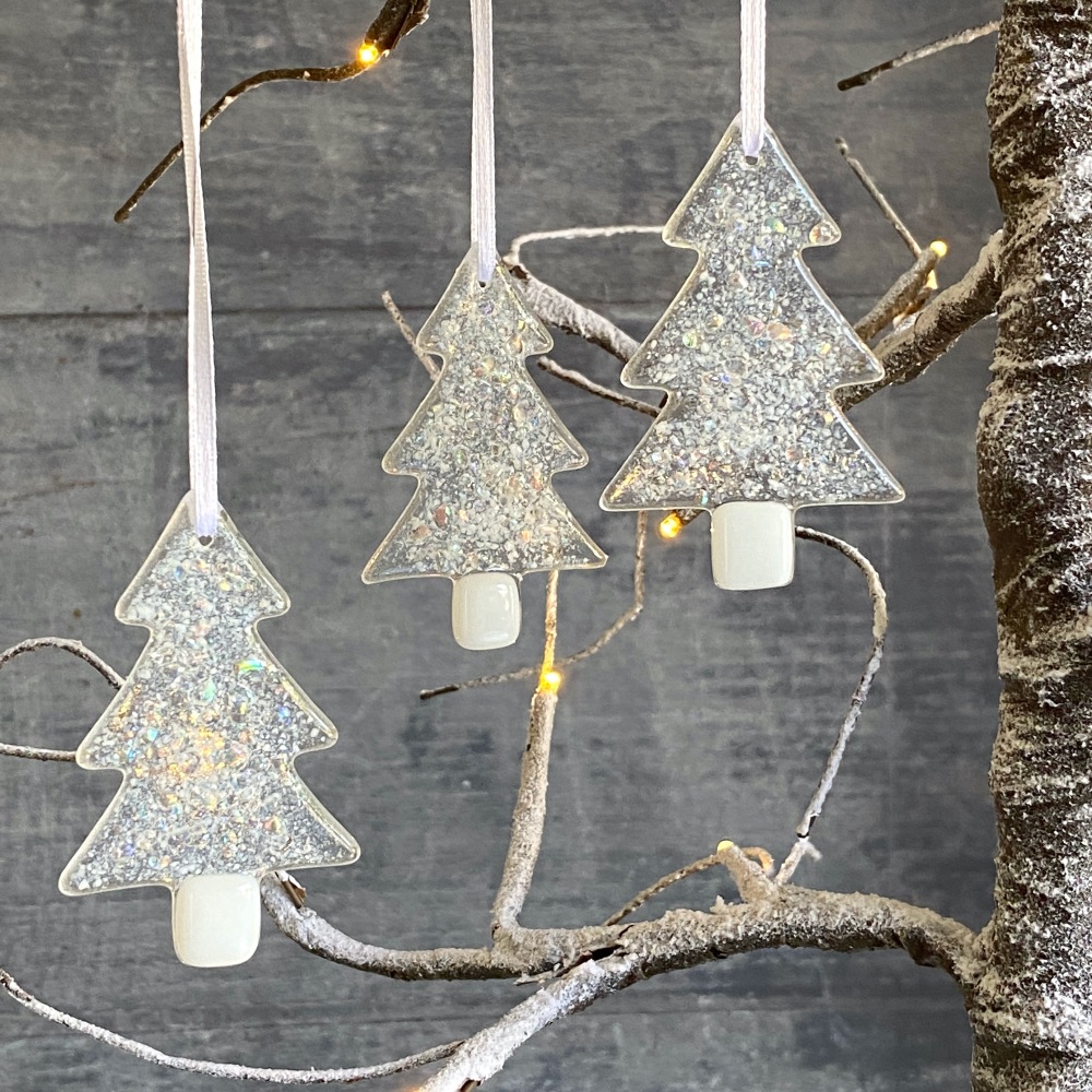 Handmade fused glass Christmas tree decorations