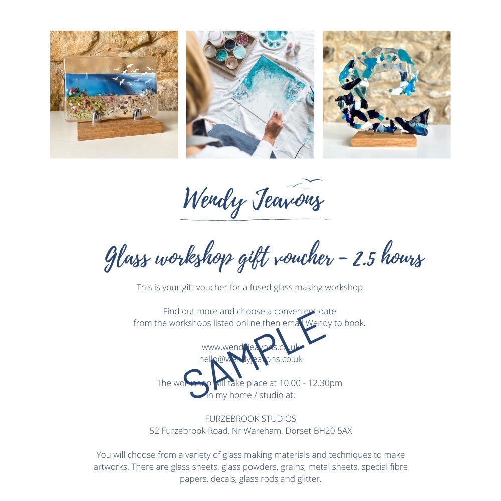 Gift voucher PDF for a 2.5 hour glass workshop.