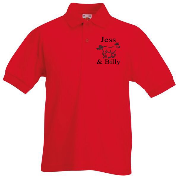 Personalised Kids Equestrian Polo Shirt includes motif design and name embroidery to chest.