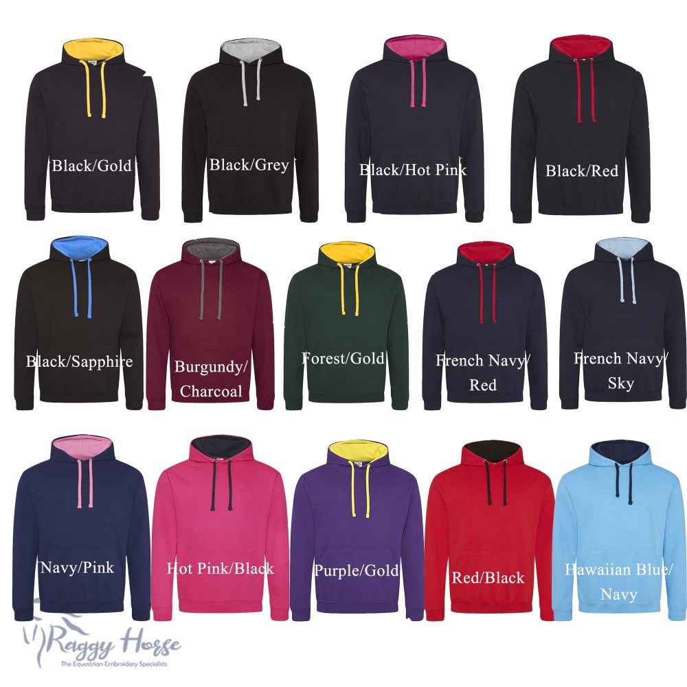 Adult Unisex Personalised Contrast Equestrian Hoodie inc embroidery. Choice of over 30 designs.