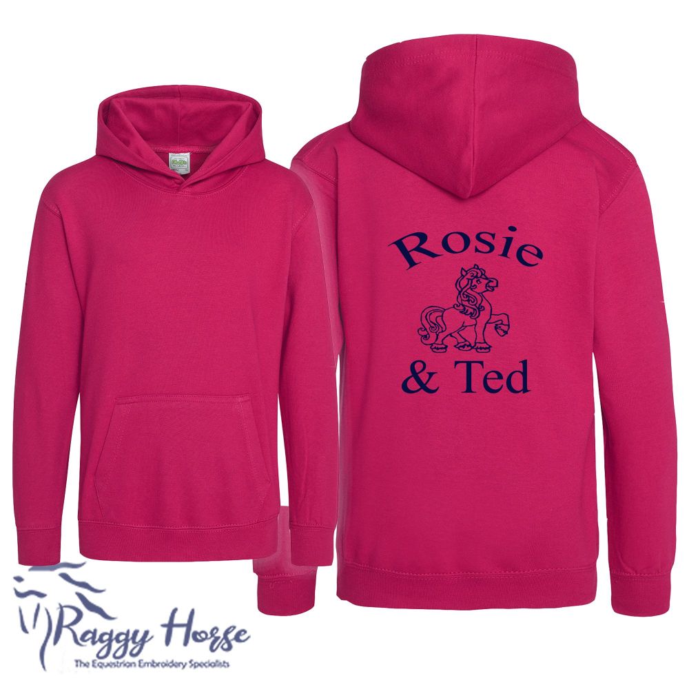 Kids Personalised Equestrian Hoodie inc embroidery.  15 colours.  Choice of over 30 embroidery designs. 