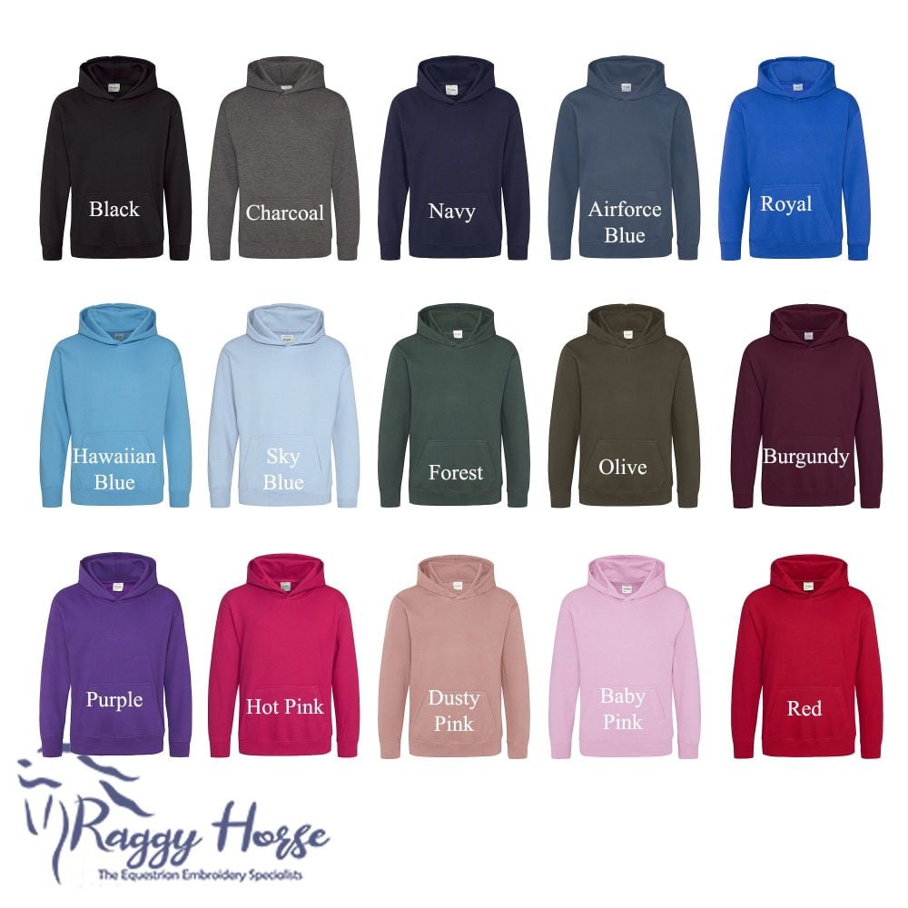 Kids Personalised Equestrian Hoodie inc embroidery.  15 colours.  Choice of over 30 embroidery designs. 