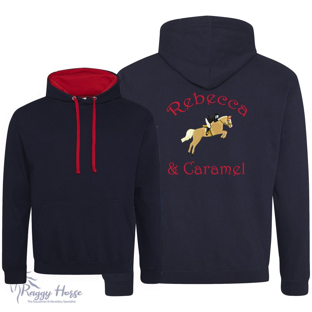 Personalised Kids Contrast Equestrian Hoodie inc embroidery.  Choice of over 30 embroidery designs.