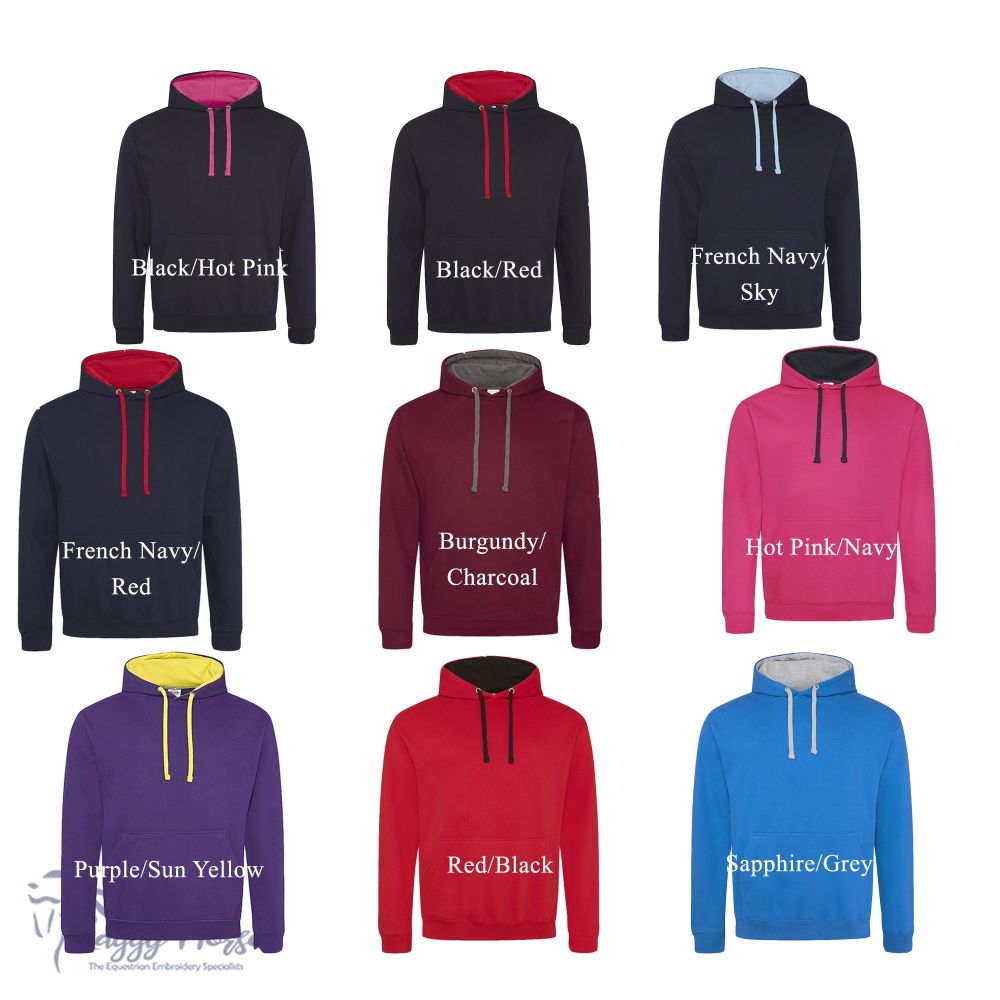 Personalised Kids Contrast Equestrian Hoodie inc embroidery.  Choice of over 30 embroidery designs.