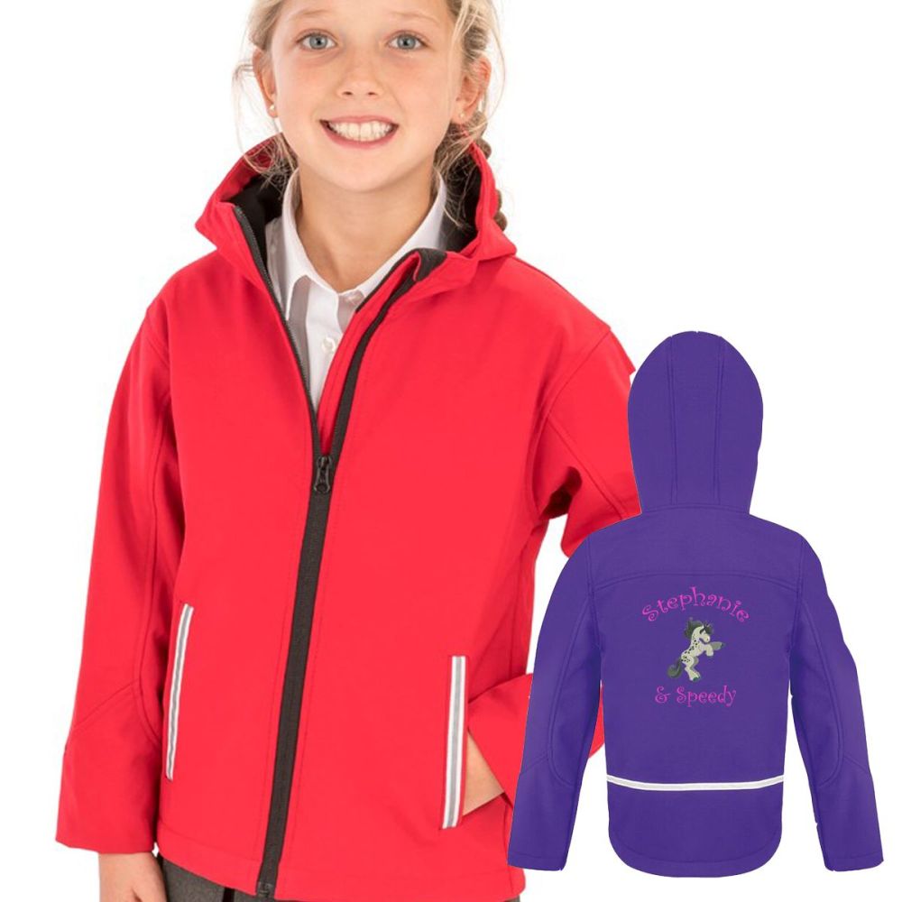 Result Core Hooded Personalised Junior Softshell Jacket inc embroidery . Choice of over 30 embroidery designs.