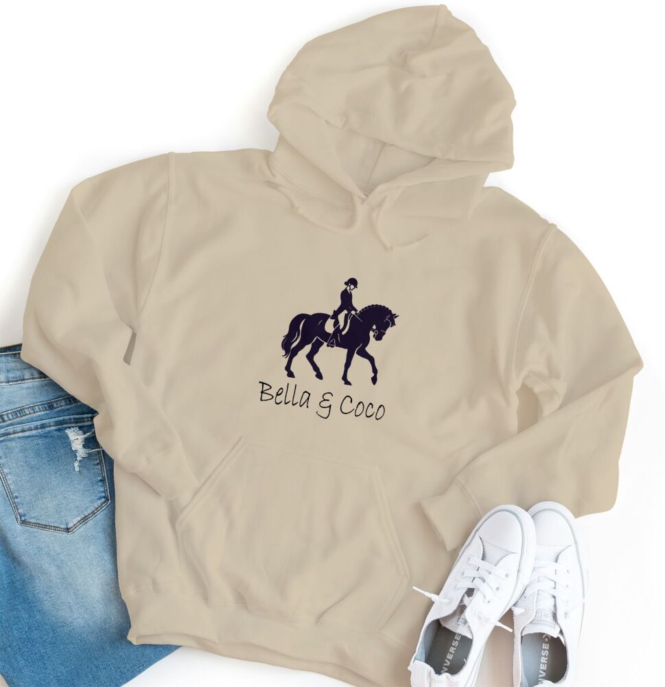 Personalised Dressage Rider Print Hoodie.  Choice of colours.  Scroll down for full information.