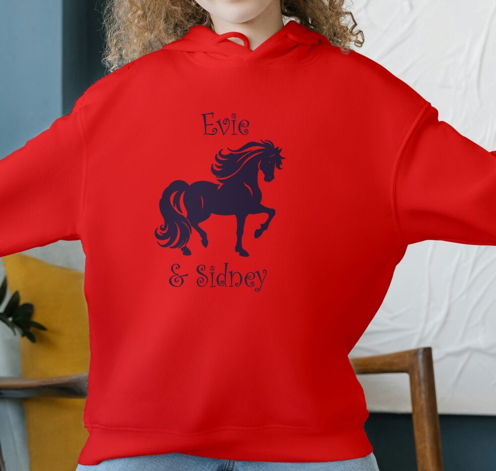 Personalised Prancing Horse Print Equestrian Hoodie. 7 colours