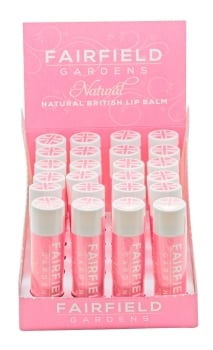 Fairfield Gardens Lip Balm POS (point of sale) display fully open