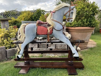 Antique FH Ayres Wooden Rocking Horse No.4 has A W Gamage Ltd on stand 40in tall