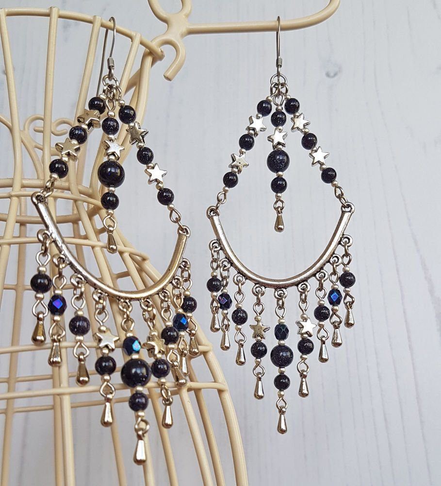 Large Indigo Blue and Antique Silver Star Chandelier Earrings