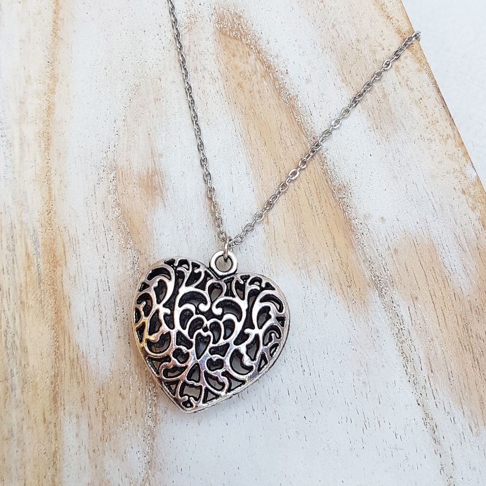 Long Silver Filigree Heart Necklace
