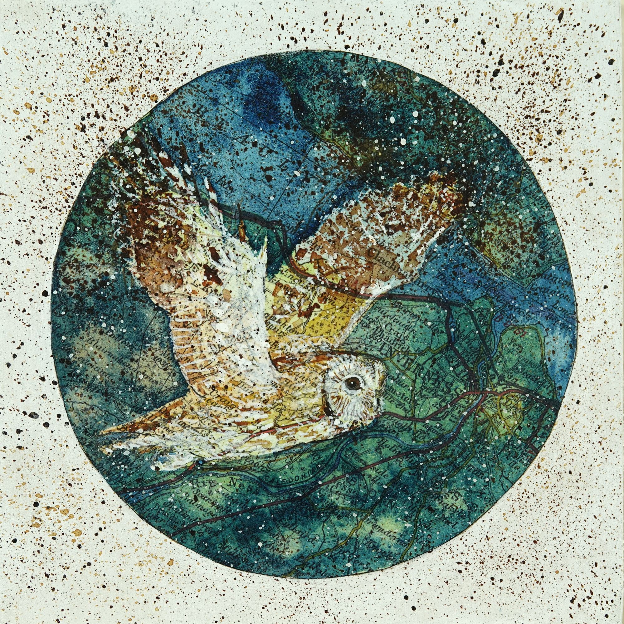 Tawny Owl, acrylic ink & paint, pigment ink pen, map on wood panel 15x15cm 