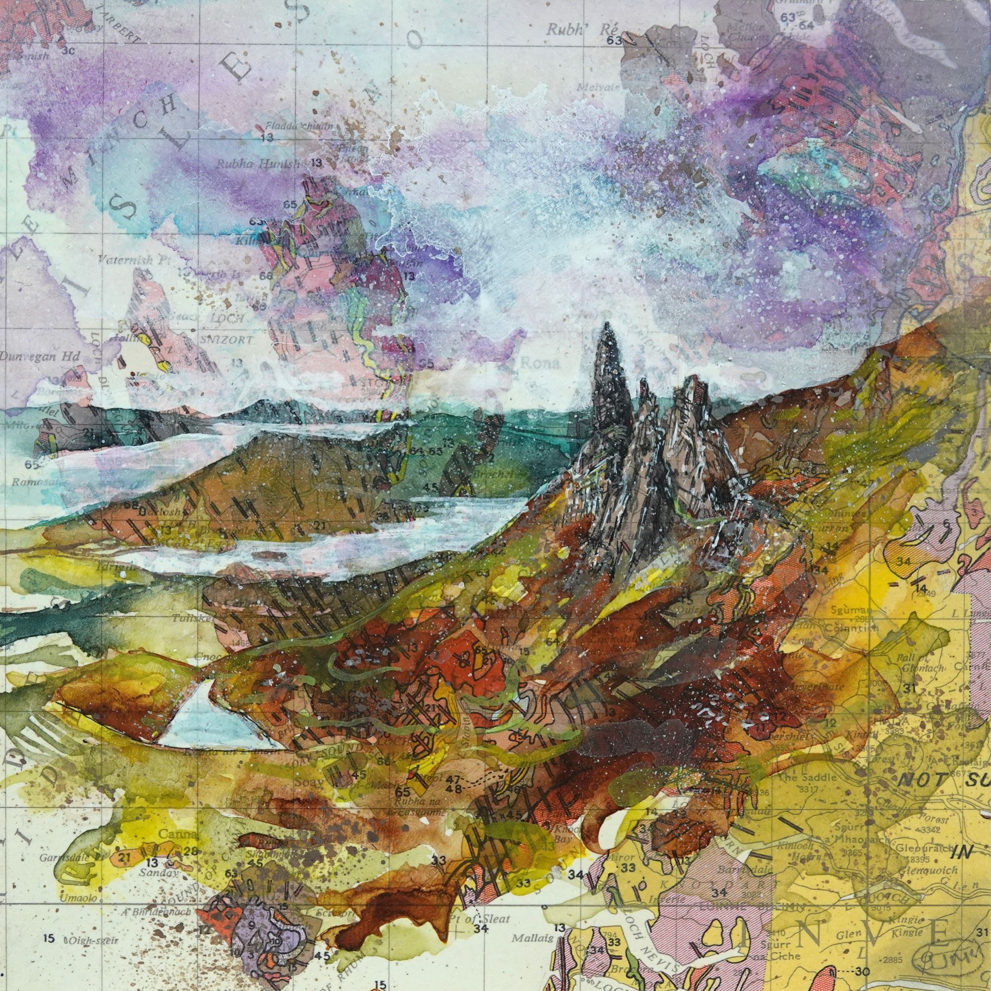 STORR acrylic ink,acryl gouache, graphite pencil on map ,wood panel 20x20cm