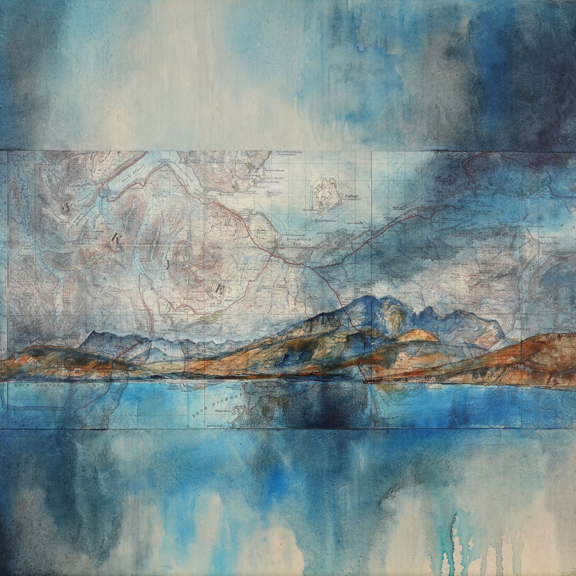 ACROSS LOCH EISHORT acrylic ink, graphite pencil on map and wood panel 61x6