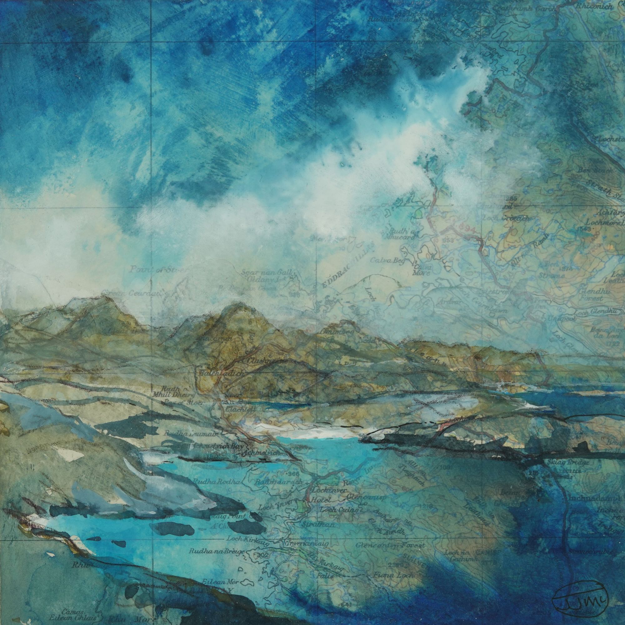 Achmelvich Acrylic ink, acryl gouache, graphite pencil, pigment ink pen, map on wood panel 15x15cm Jenny McLaren 2020.JPG