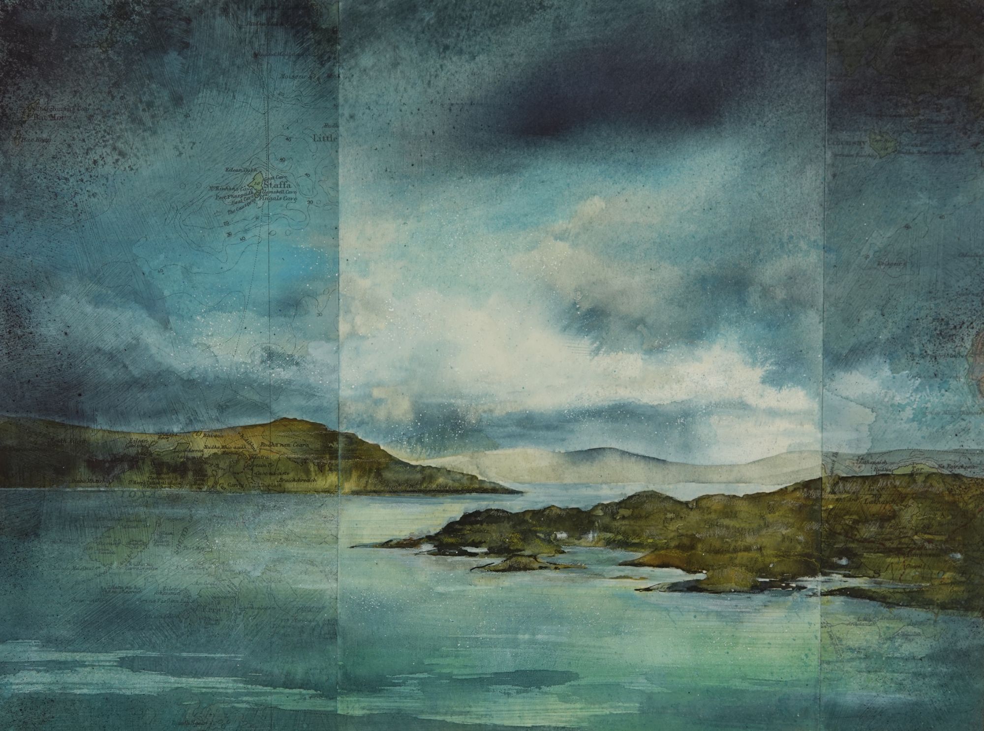 Distant view to Mull from Iona 31x41 cm acrylic ink and coloured pencil on split map showing Iona 2022 JJMcLaren.JPG