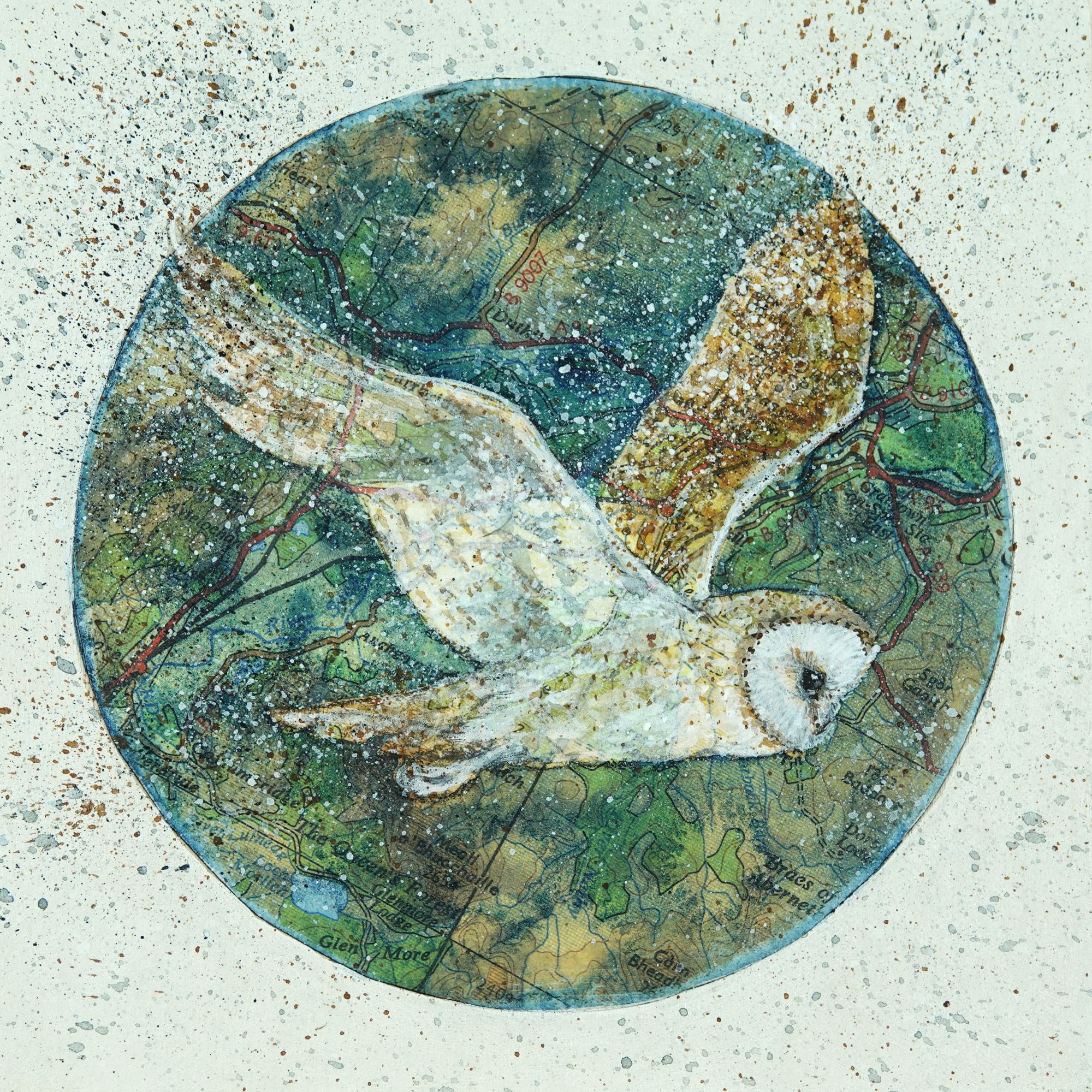 Barn owl, Acrylic ink and paint, piment ink pen, map on wood panel 15x15cm Jenny McLaren 2023.JPG
