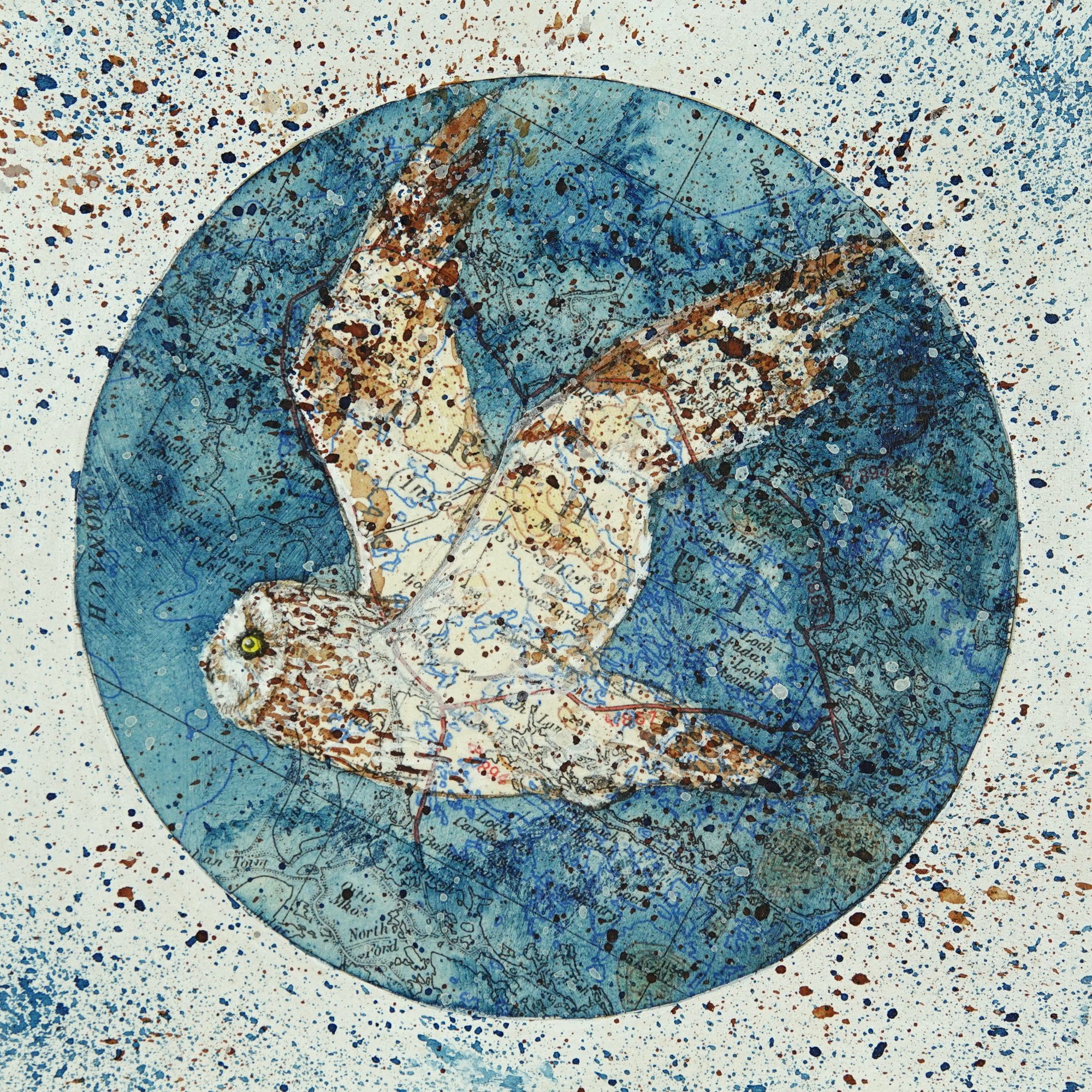 Short eared owl, Acrylic ink & paint, pigment ink pen, map on wood panel 15x15cm Jenny McLaren 2023.JPG