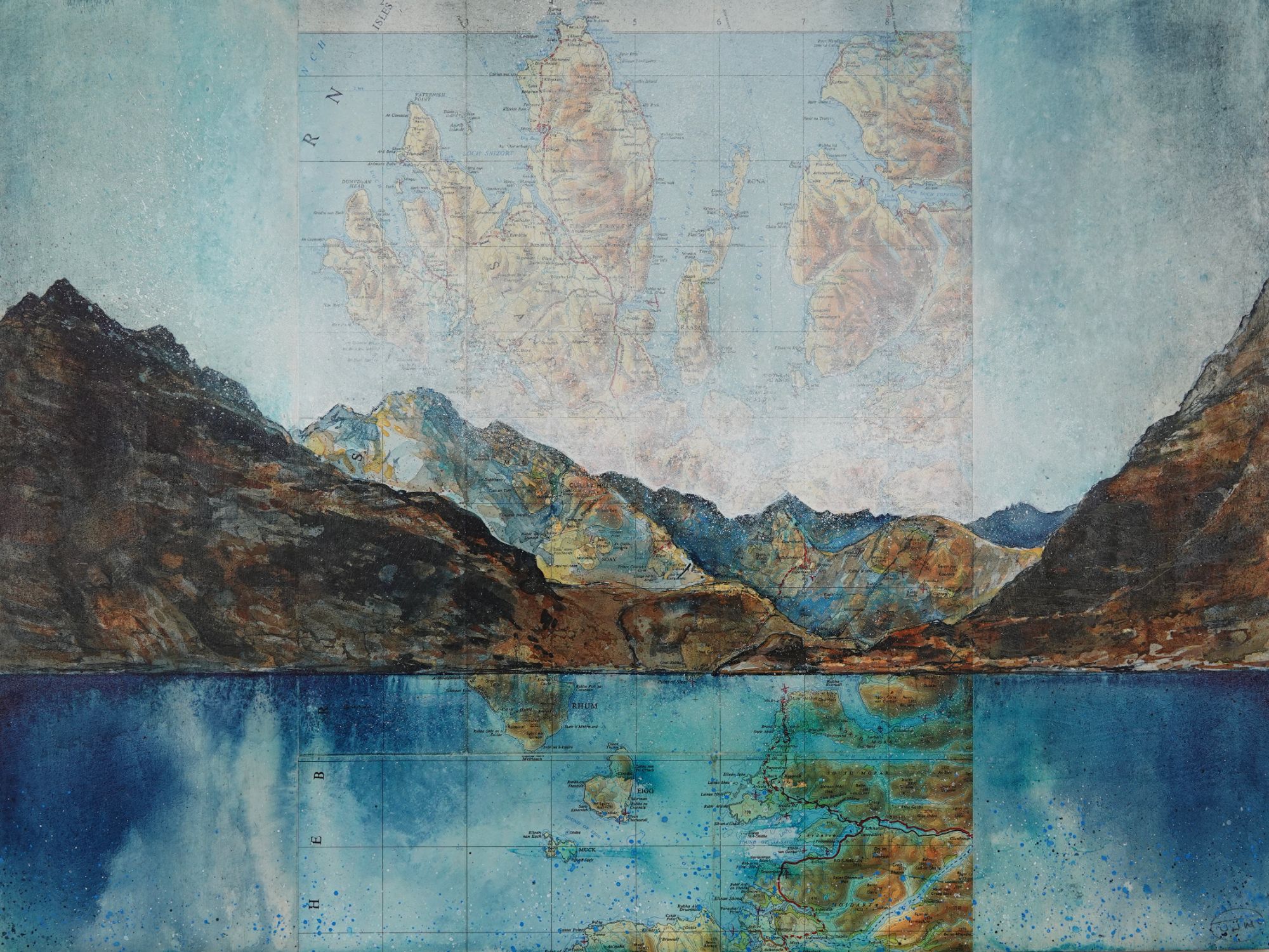 SHELTERED BY MOUNTAINS ( ENTRANCE TO LOCH CORUISK) acrylic ink, graphite pencil on original map, wood panel 46x61cm Â£850.JPG