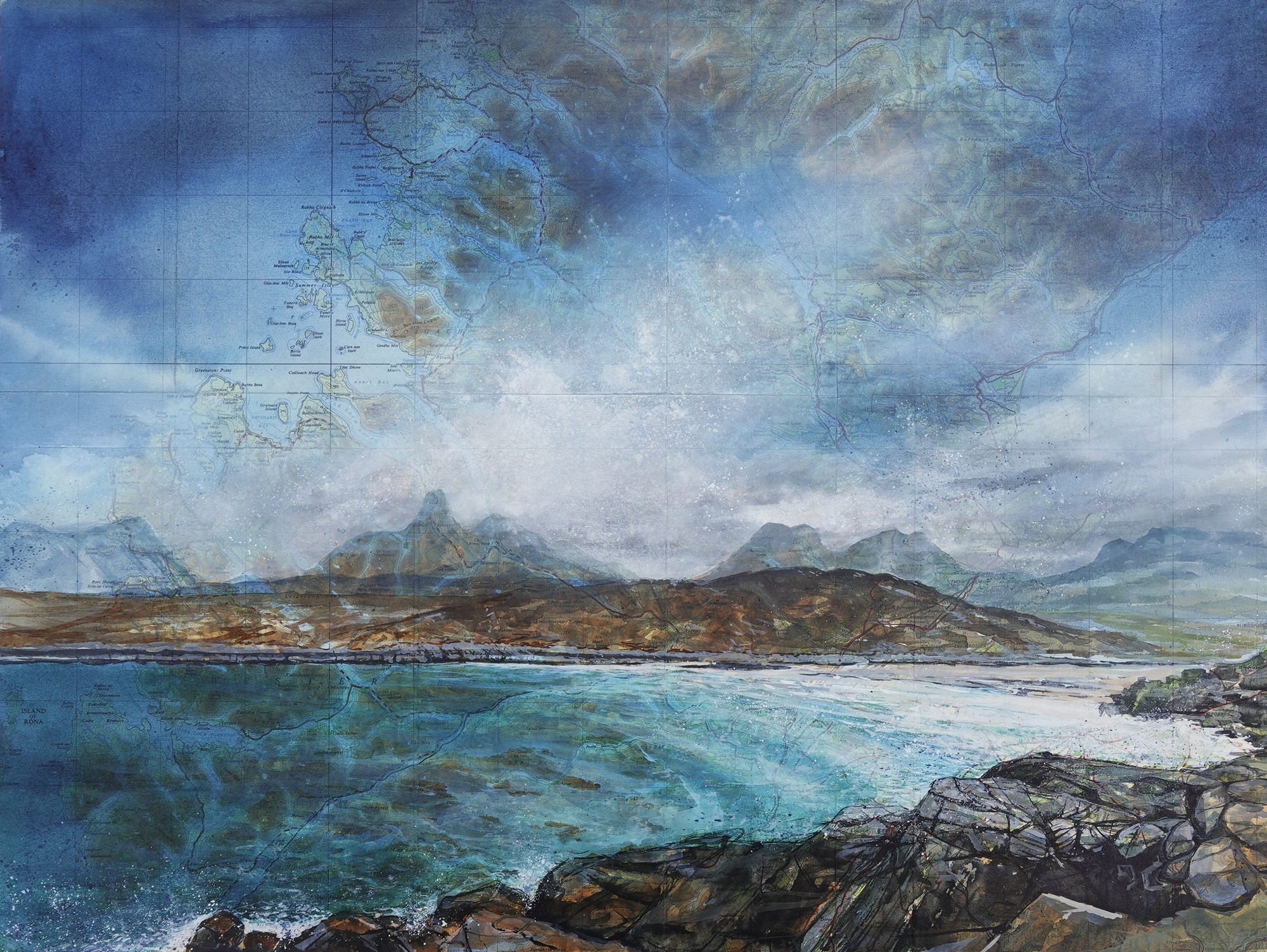 Achnahaird, 46x61cm vintage map on wood panel unframed- acrylic ink, acrylic paint, acrylic spray varnish 2025.JPG