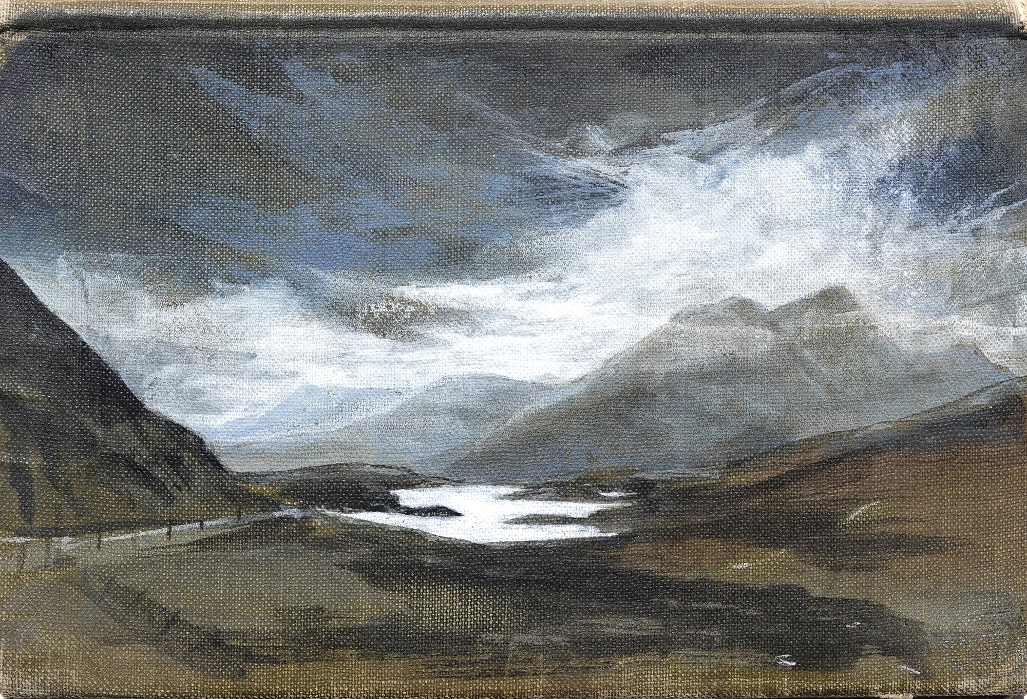 Glittering Lochs, Assynt image size 11x17cm vintage book, framed- acrylic ink, acrylic paint, acrylic spray varnish2025.JPG