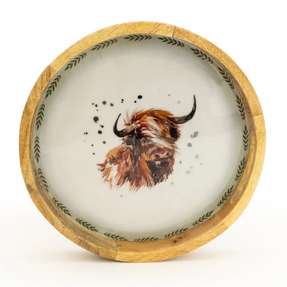 Round Wooden Tray Highland Cow 30cm