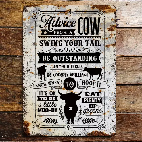 Farmer Farm Advice from Cow Metal Wall Sign Plaque (6inch x 8 inch)