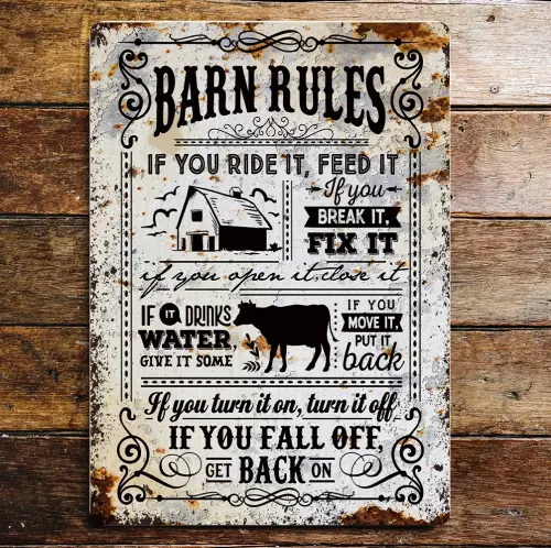 Barn Rules Farmhouse Metal Sign Plaque (6inch x 8inch)