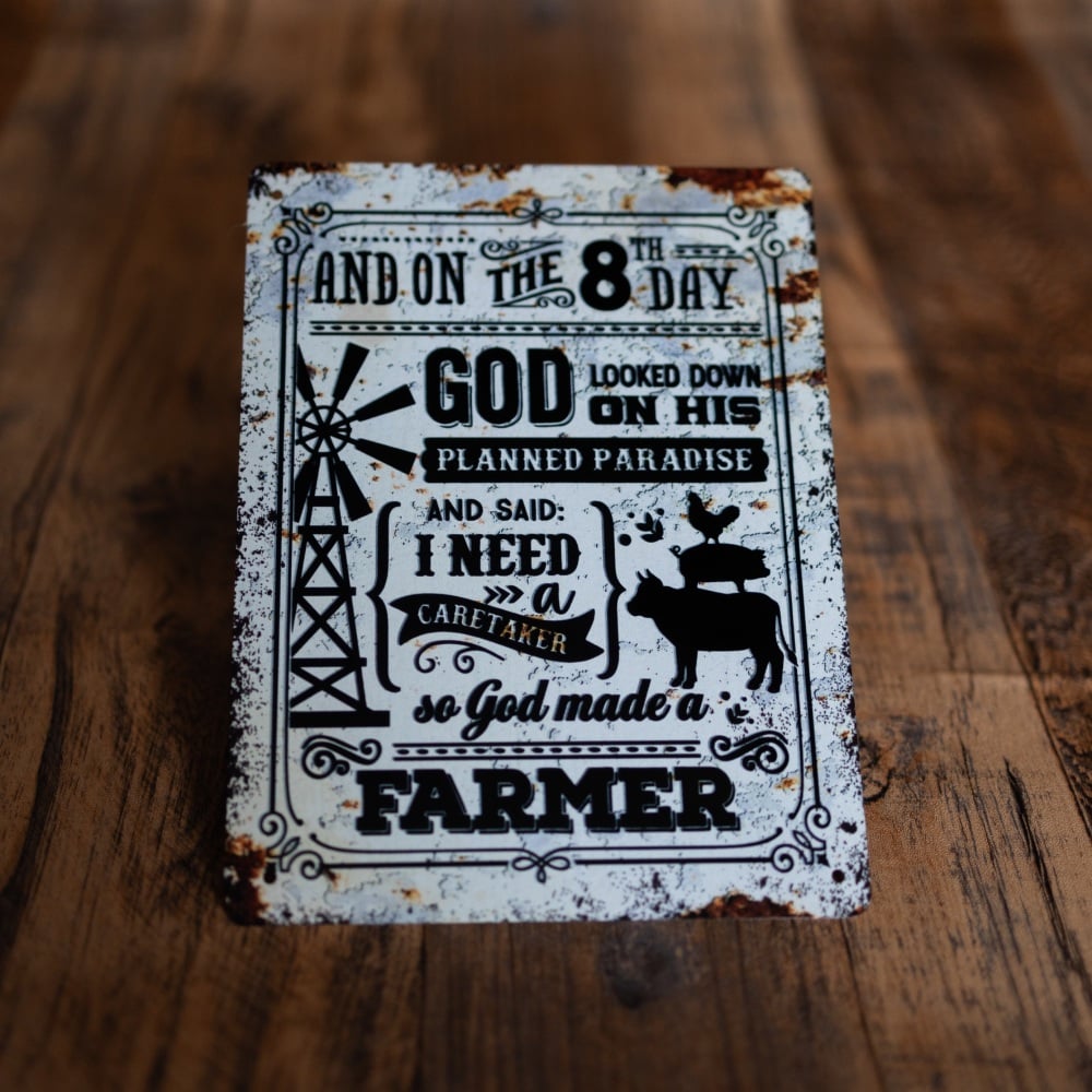 Farmer Farm and On 8th Day Metal Wall Sign Plaque (6inch x 8inch)