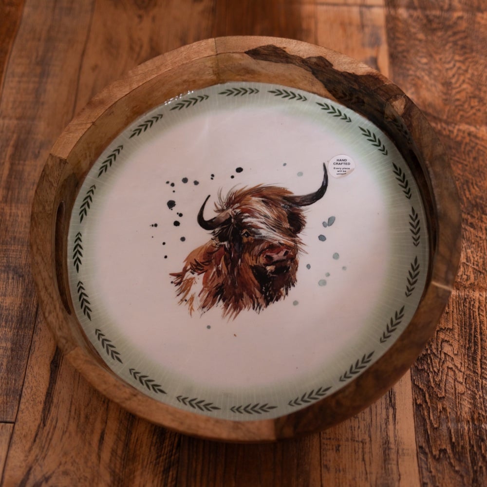 Round Wooden Tray Highland Cow 30cm