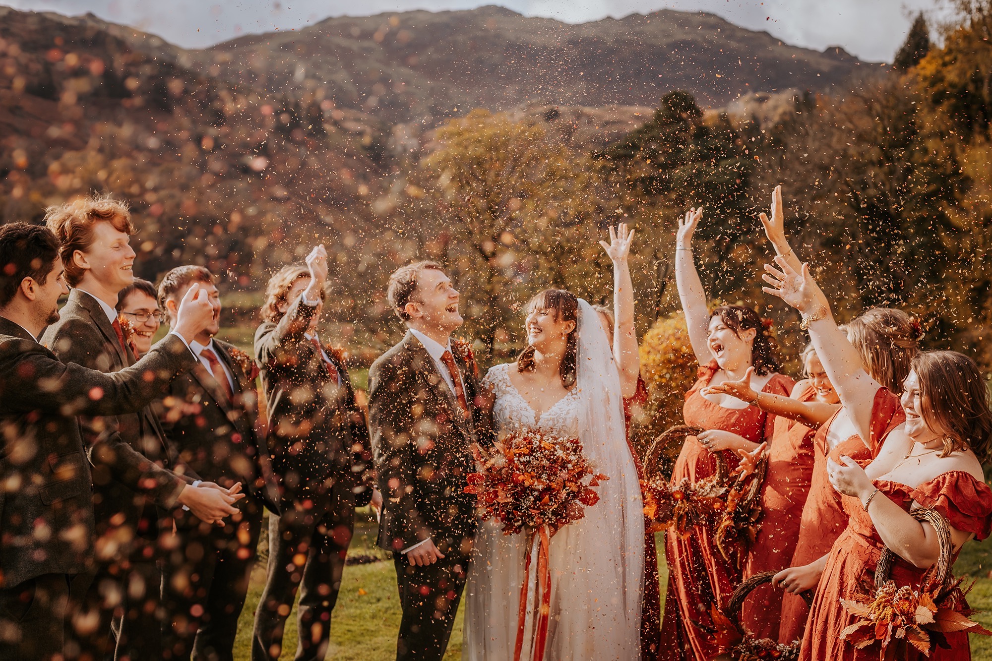 Confetti throwing, Lancrigg, Grasmere, group portraits
