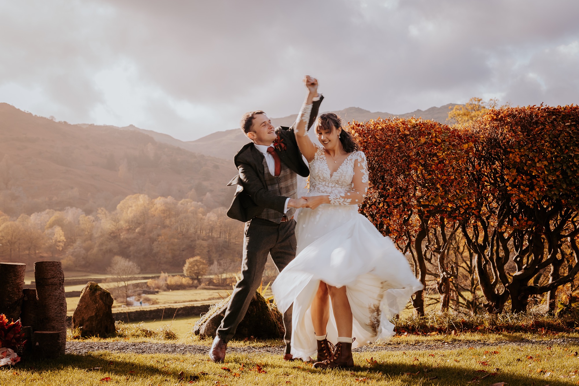 Couple dancing at Lancrigg, Grasmere, wedding portrait