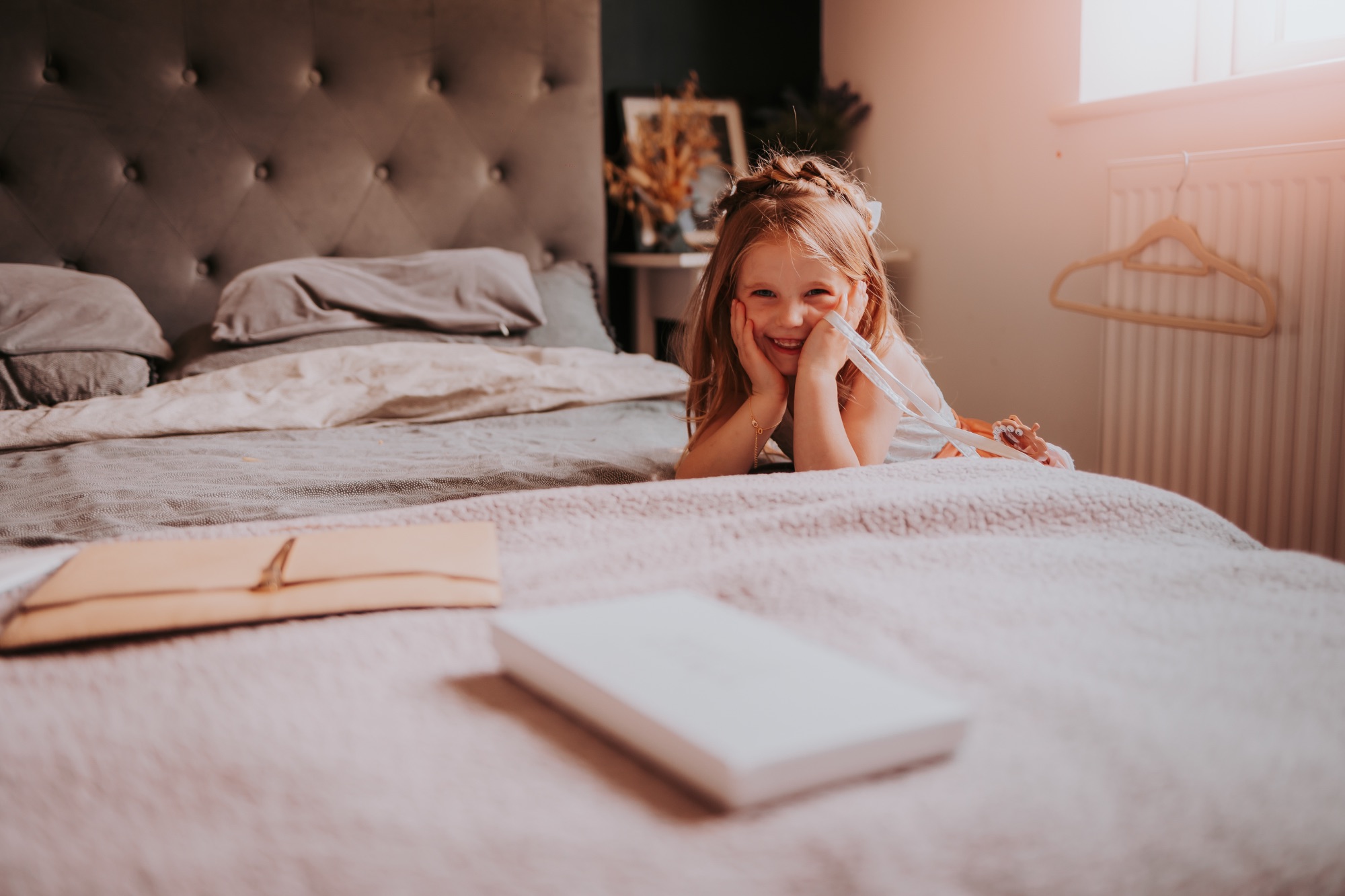 Bridal prep - flower girl - Sunshine through window - natural portrait