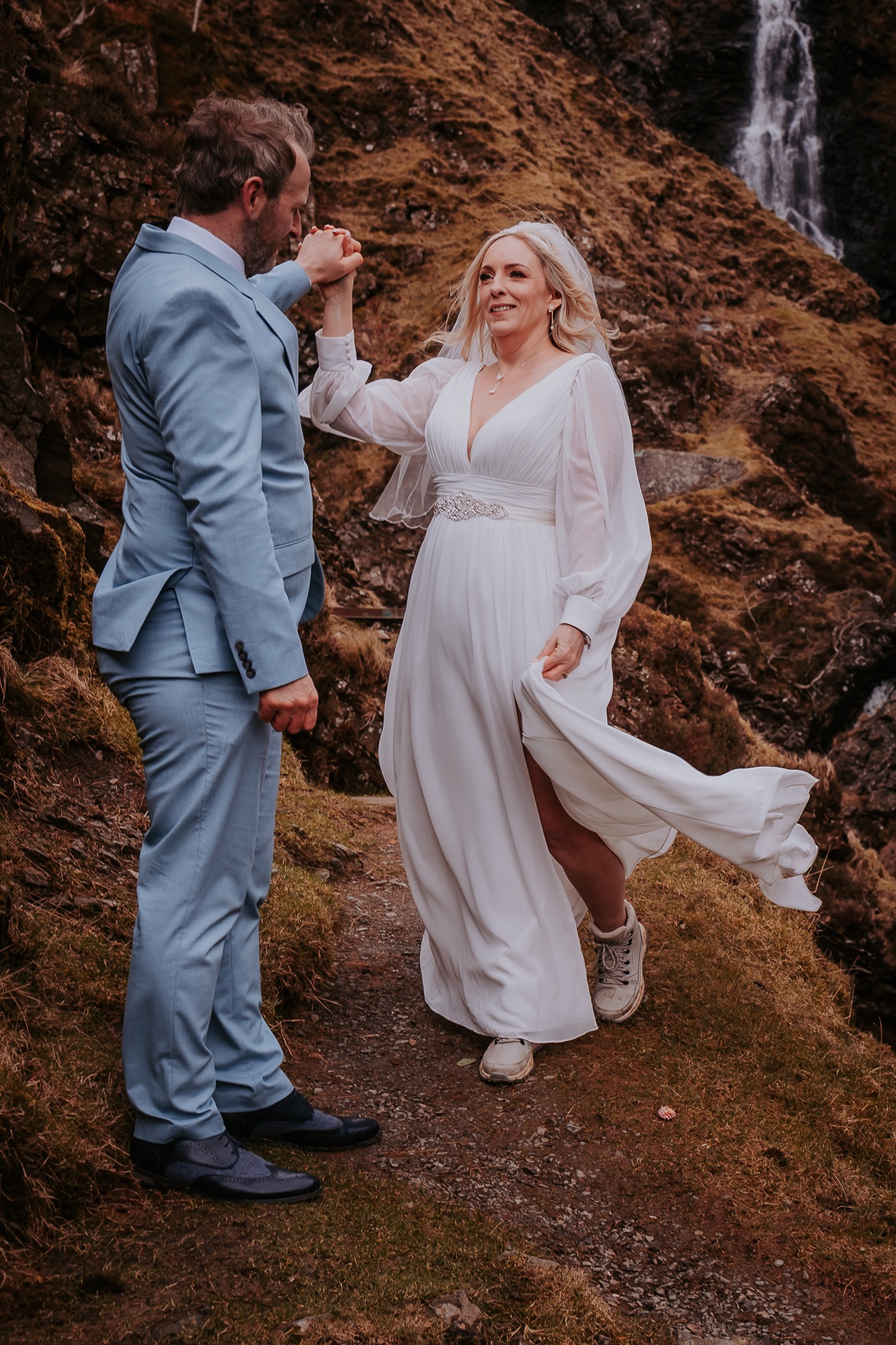 wedding couple dance at Grey Mares Tail, Scotland