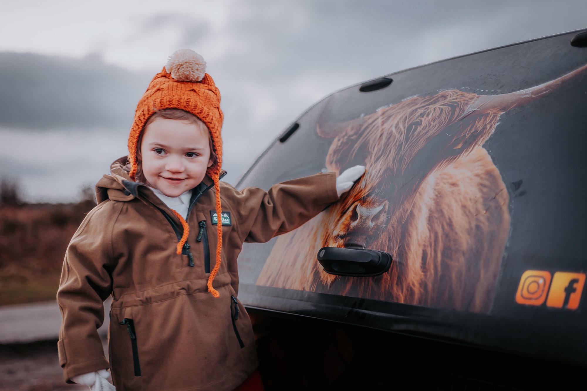 Little girl looking at highland cow decal on Hilux truck