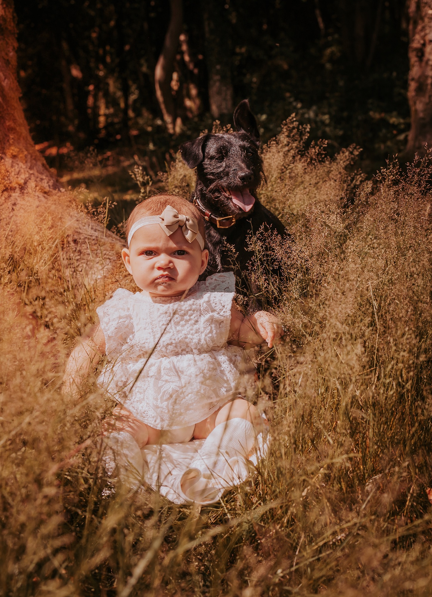 Toddler and pet portrait in long grasses
