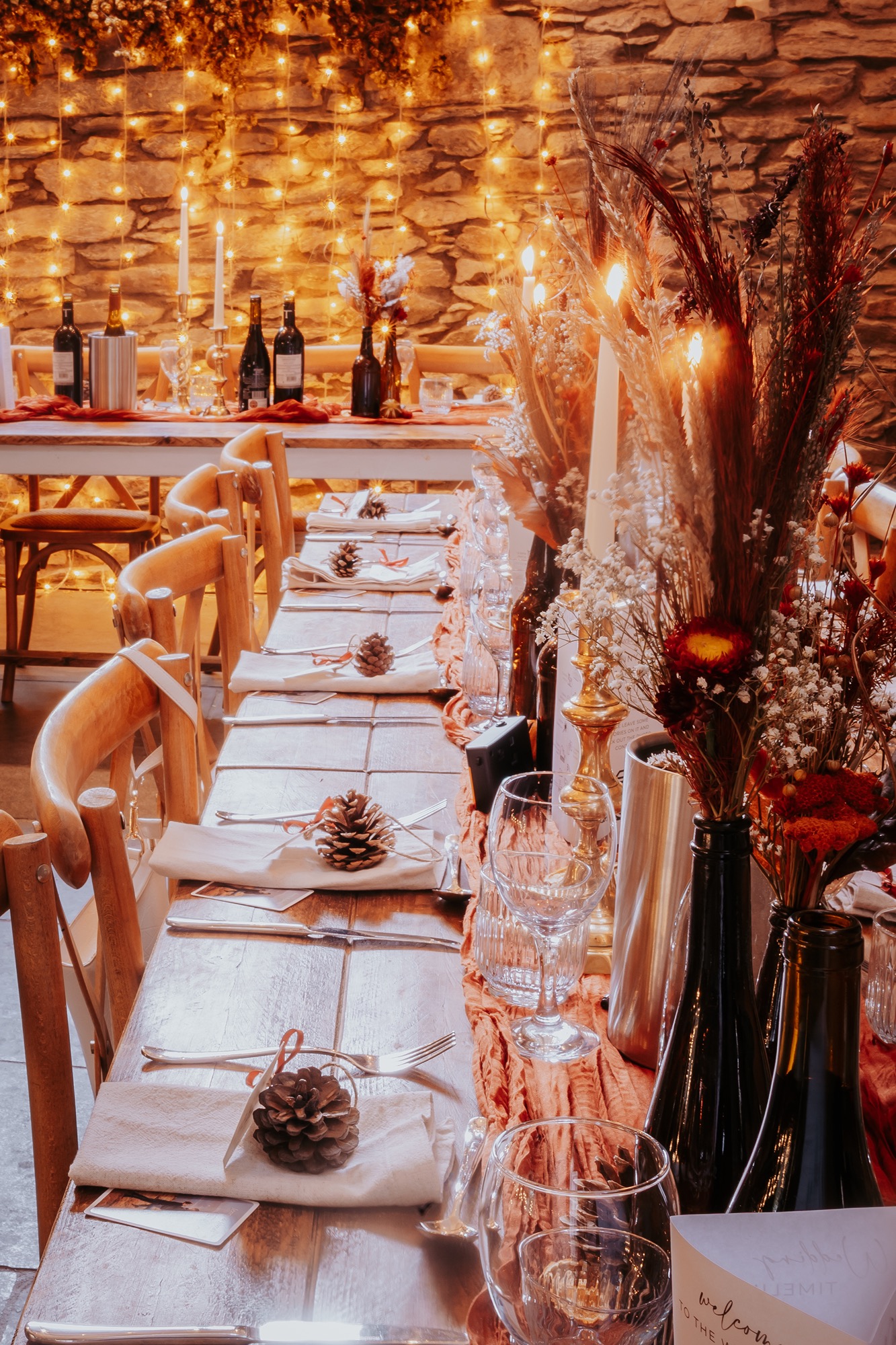 Lancrigg wedding barn dressed in Autumnal dried flowers created by Blossom Rose Studios